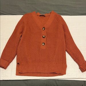 Fashion Bug V-Neck Sweater in Rust with Button Accents